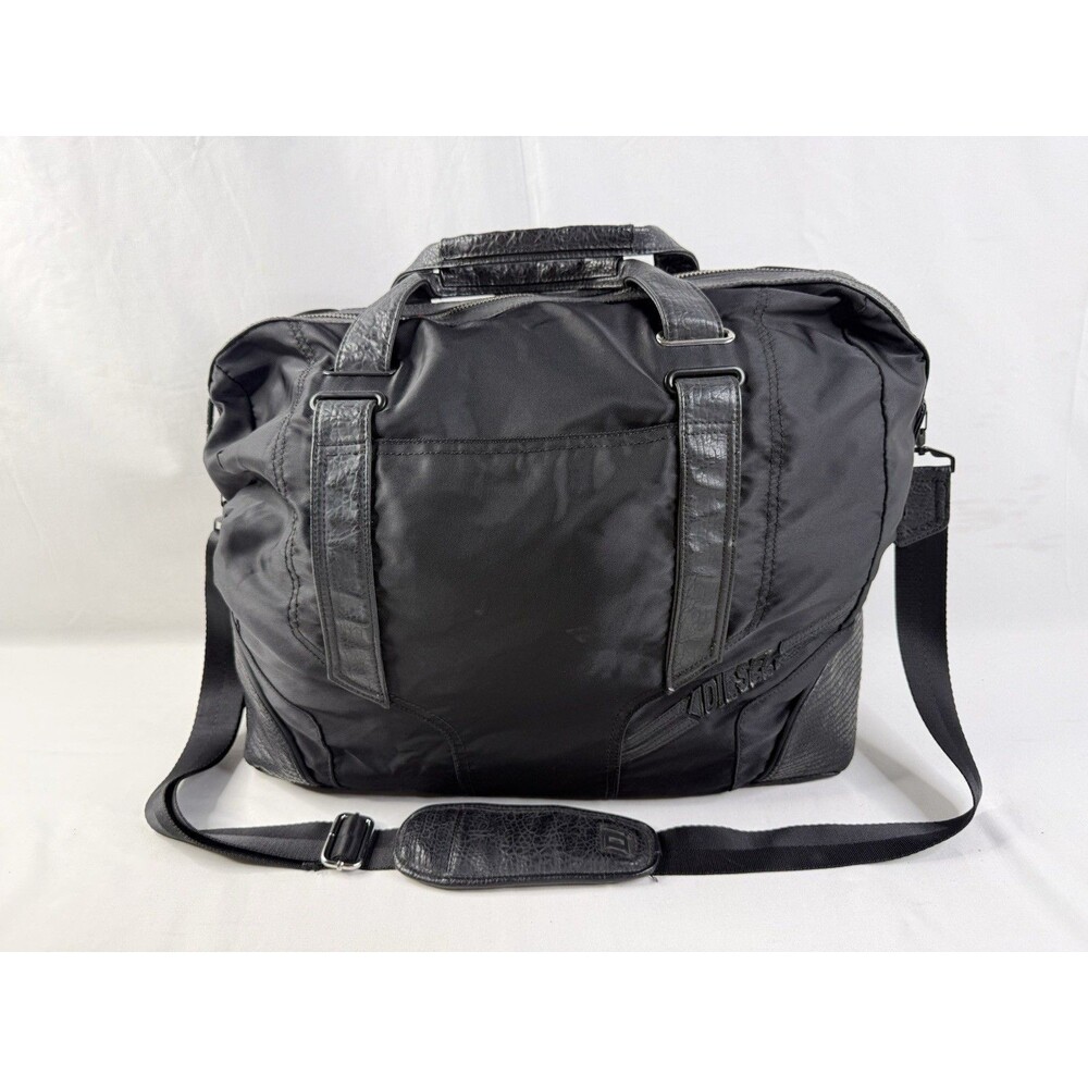 Retro Y2K DIESEL Tote Bag Large Capacity Boston Nylon Leather Black Vintage